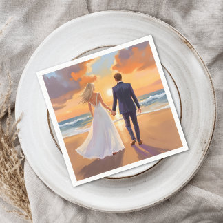 Bride & Groom Beach Wedding Watercolor Napkin