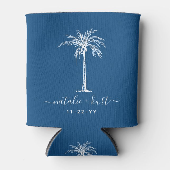 Bride Groom Blue White Palm Tree Custom Wedding Can Cooler (Front)