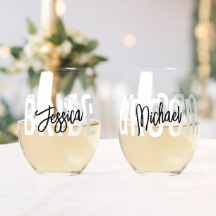 Bride Groom Brush Script Modern Stemless Wine Glass