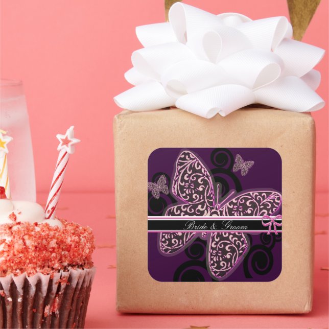 Bride Groom Butterflies Swirl Purple Black White Square Sticker (Party)