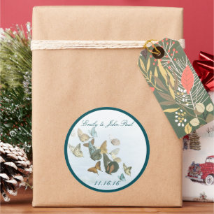 Bride & Groom Butterflies Swirls Deep Teal Classic Round Sticker