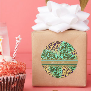 Bride & Groom Butterflies Swirls Green Black White Classic Round Sticker