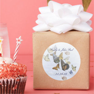 Bride & Groom Butterflies Swirls Navy & Yellow Classic Round Sticker