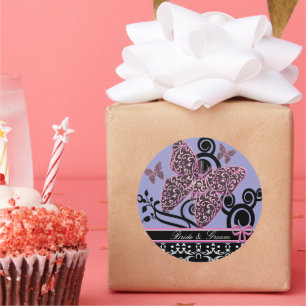 Bride & Groom Butterflies Swirls Pink Black &White Classic Round Sticker