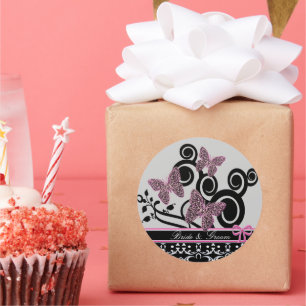 Bride & Groom Butterflies Swirls Pink Black &White Classic Round Sticker