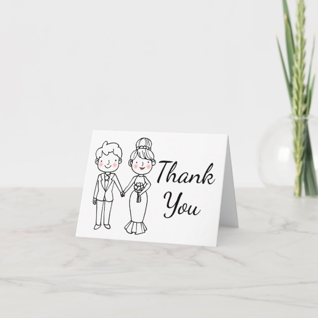 Bride Groom Cartoon Black White Wedding Thank You (Front)
