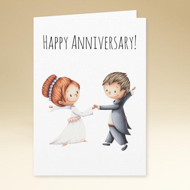 Bride Groom Couple Wedding Anniversary Card (Minimalist illustrated wedding anniversary card with the bride and groom dancing their first waltz)