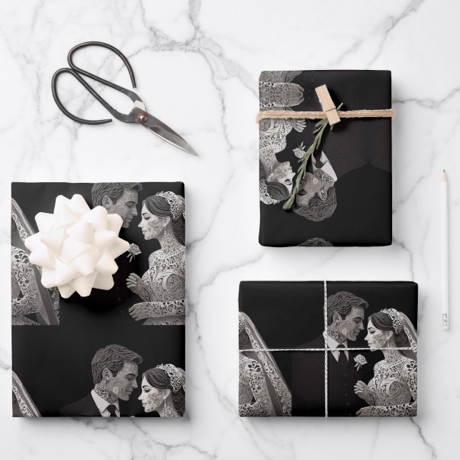 Bride & Groom Delicate White on Black Wrapping Paper Sheet (Front)
