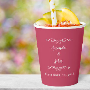 Bride Groom Elegant Wedding Reception Magenta Red Paper Cups