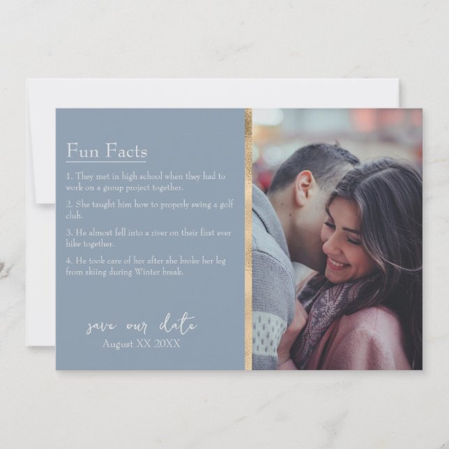 Bride & Groom Facts Photo on Dusty Blue Invitation (Front)