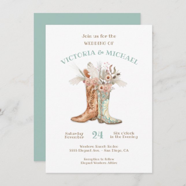 Bride & Groom Floral Boots Cowboy Western Wedding Invitation (Front/Back)