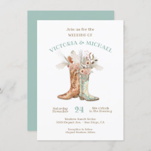 Bride & Groom Floral Boots Cowboy Western Wedding Invitation
