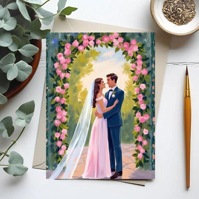 Bride & Groom Garden Arch | Floral Wedding Painted Postcard (Creator Uploaded)