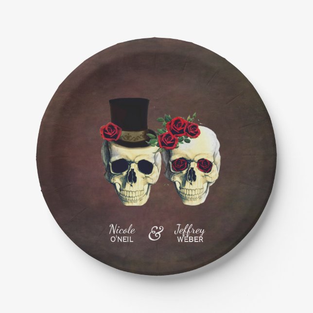 Bride & Groom Goth Skulls Wedding Paper Plates (Front)