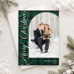 Bride & Groom Green Plaid Script Merry Christmas Holiday Card
