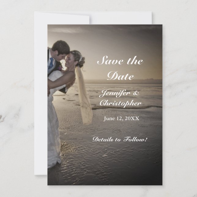 Bride & Groom Greyed Sunset Beach Save the Date (Front)