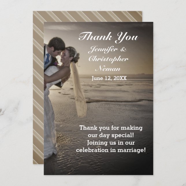 Bride & Groom Greyed Sunset Beach Thank You Card (Front/Back)