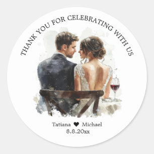 bride & groom illustration thank you wedding classic round sticker