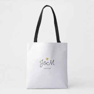 bride & groom initials & names on white tote bag