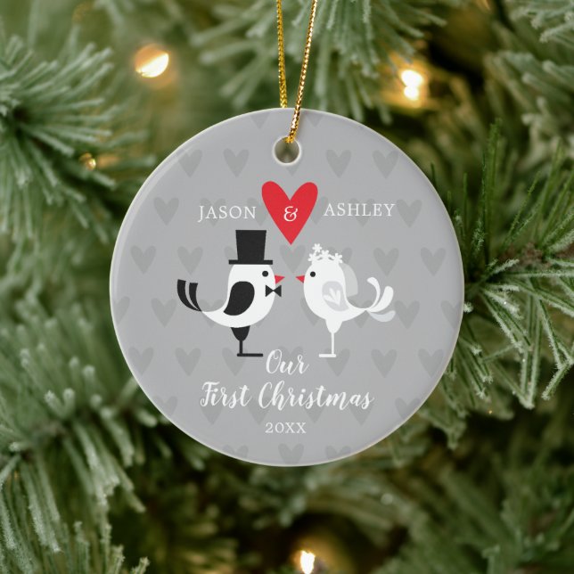 Bride & Groom Love Birds Our First Christmas Ceramic Ornament (Tree)
