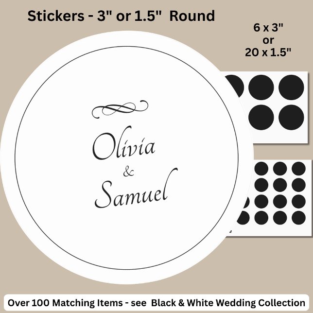 Bride & Groom Names Black White Infinity Scroll, Classic Round Sticker (Creator Uploaded)