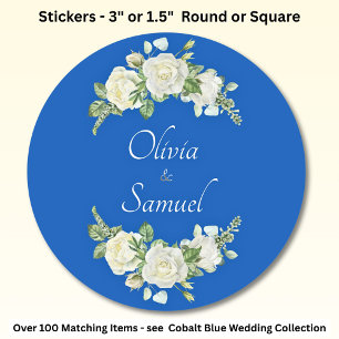Bride & Groom Names Cobalt Blue & White Roses  Classic Round Sticker