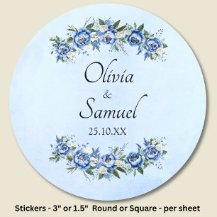 Bride & Groom Names & Date Blue Peony  Classic Round Sticker