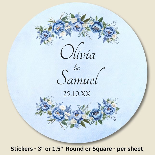 Bride & Groom Names & Date Blue Peony  Classic Round Sticker (Creator Uploaded)