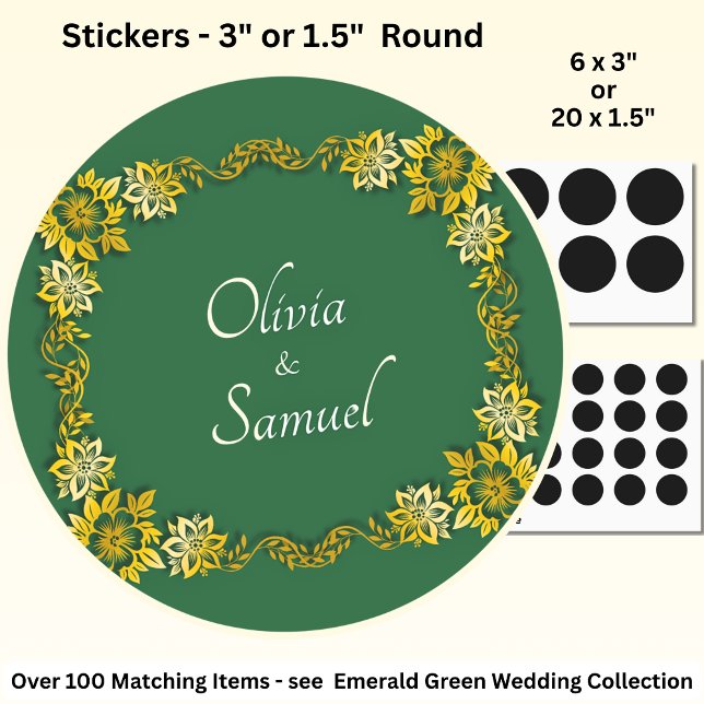 Bride & Groom Names Emerald Green & Gold Classic Round Sticker (Creator Uploaded)