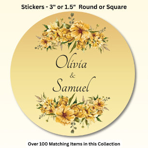 Bride & Groom Names Golden Yellow Flowers Classic Round Sticker
