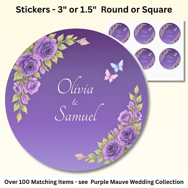 Bride & Groom Names Purple Mauve Flowers & White Classic Round Sticker (Creator Uploaded)