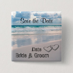 Bride & Groom Names Written in the Sand 15 Cm Square Badge