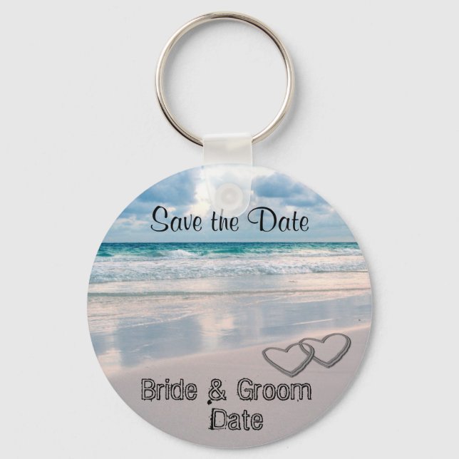 Bride & Groom Names Written in the Sand Key Ring (Front)
