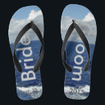 Bride Groom Ocean Waves Blue Sky Thongs<br><div class="desc">My Original Photography & Graphic Design. One-of-a-kind Bride Groom flip flops custom designed. Pretty Blue Sky with Fluffy White Clouds, Blue Sea and White Foam Ocean Waves. Unisex Flip Flops with Bride and Groom written in a silver colour text, and Date of Marriage in darker grey text. PERSONALIZE with your...</div>