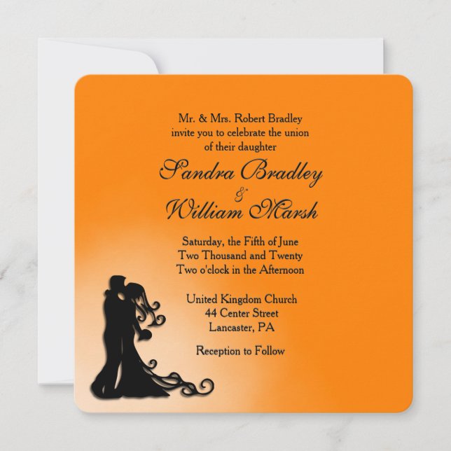 Bride, Groom Orange and Black Wedding Invitation (Front)