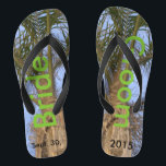 Bride Groom Palm Trees Blue Sky Thongs<br><div class="desc">Cool Palm Trees with a Pretty Blue Sky Unisex Flip Flops with Bride and Groom written in a nice green colour text on both flip flops, and Date of Marriage in black text. Feel your unity with every step you take. Leave wordig on each flip flop as is Bride and...</div>