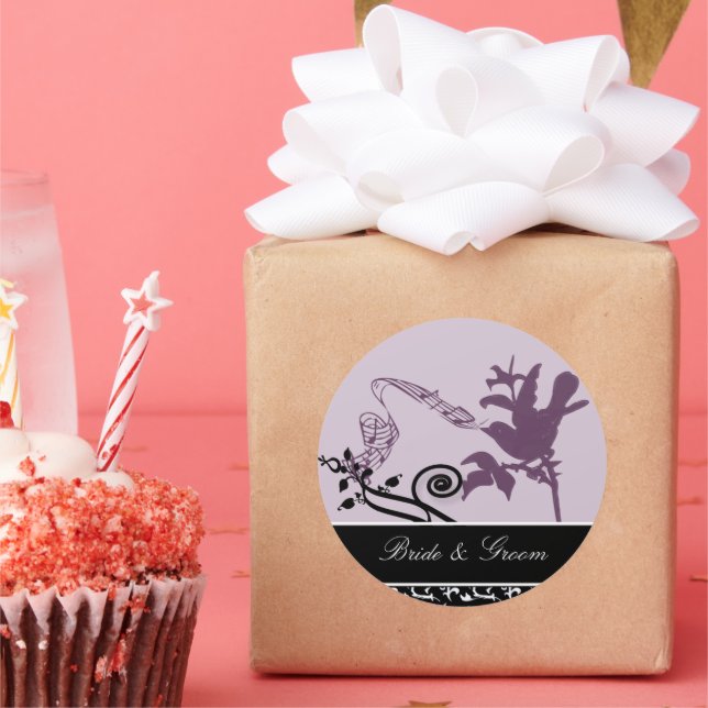 Bride & Groom Plum Vintage Chirping Bird Sticker (Party)