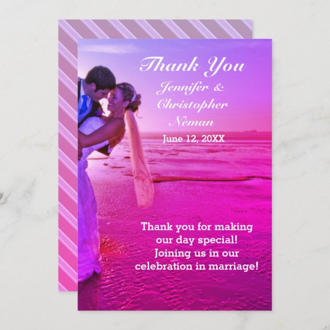 Bride & Groom Purple Sunset Beach Thank You Card (Front/Back)