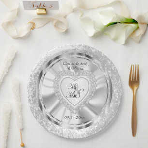 Bride & Groom Satin and Silver Wedding Paper Plate