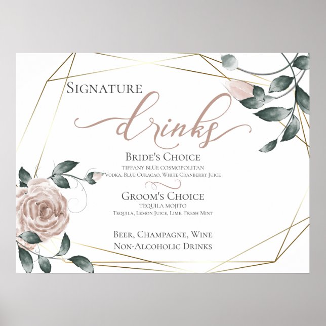 Bride Groom Signature Drinks Bar Menu Pink 2 Poster (Front)