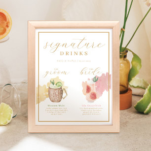 Bride & Groom Signature Drinks Watercolor Cocktail Poster