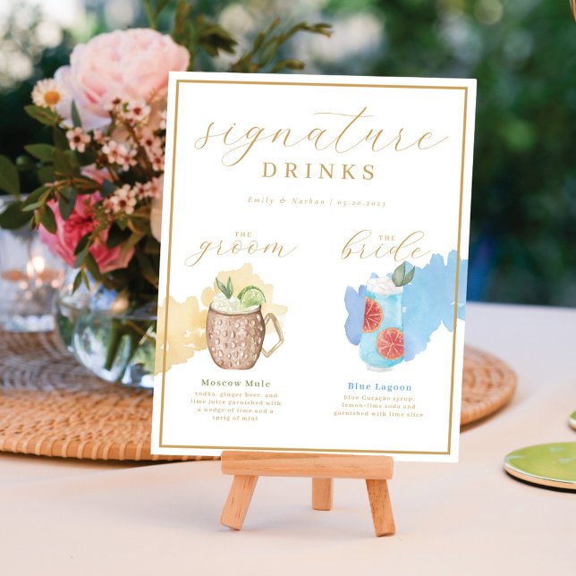 Bride & Groom Signature Drinks Watercolor Cocktail Poster (Bride & Groom Signature Drinks Watercolor Cocktail Poster)