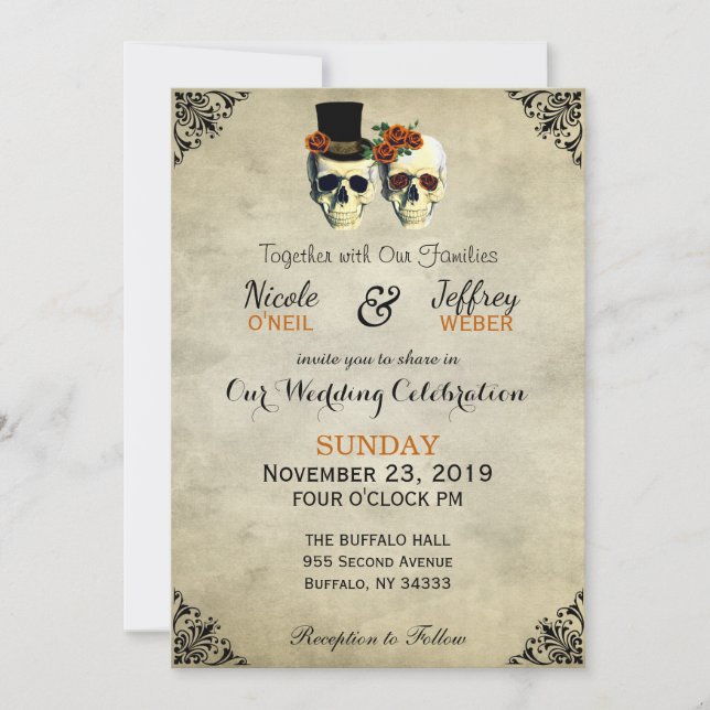 Bride & Groom Skull Goth Rustic Wedding Orange Invitation (Front)
