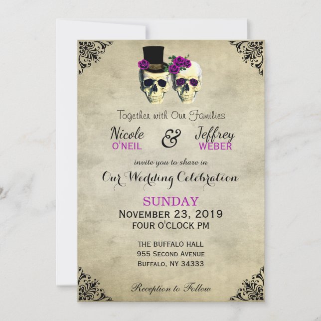 Bride & Groom Skull Goth Rustic Wedding Purple Invitation (Front)