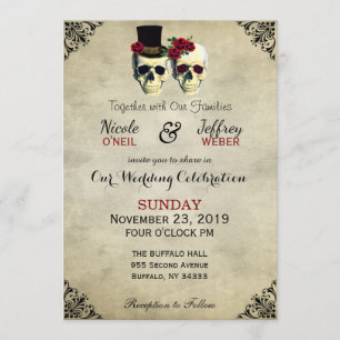 Bride & Groom Skull Goth Rustic Wedding Red Invitation