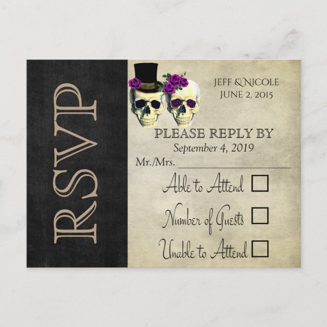 Bride & Groom Skull Purple Rustic Wedding RSVP Invitation Postcard (Front)