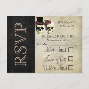 Bride & Groom Skull Teal Rose Wedding RSVP Invitation Postcard
