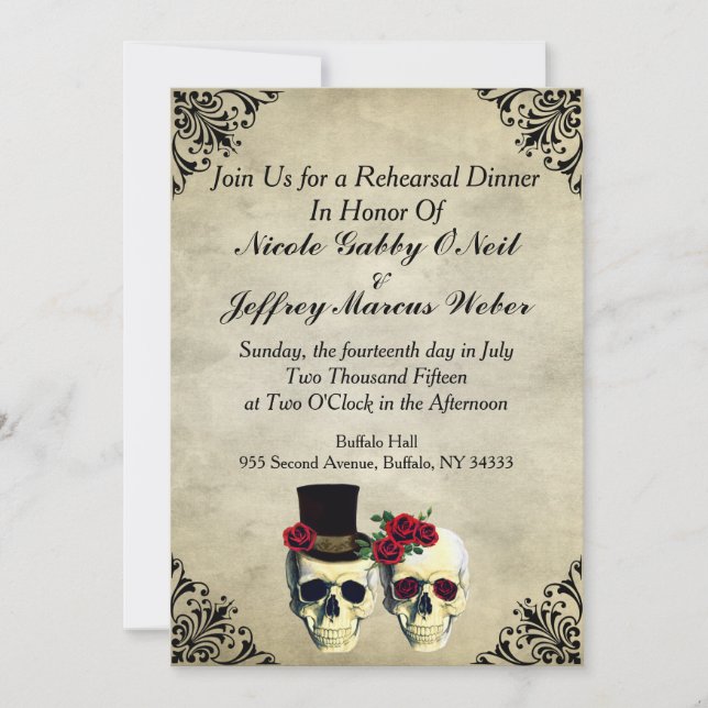 Bride & Groom Skull Wedding Rehearsal Invitation (Front)