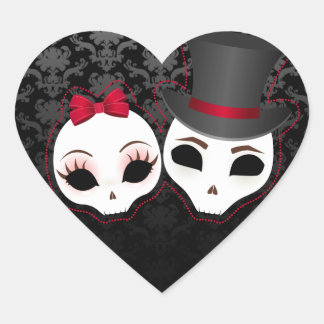 Bride & Groom Skullies (Red) Heart Stickers