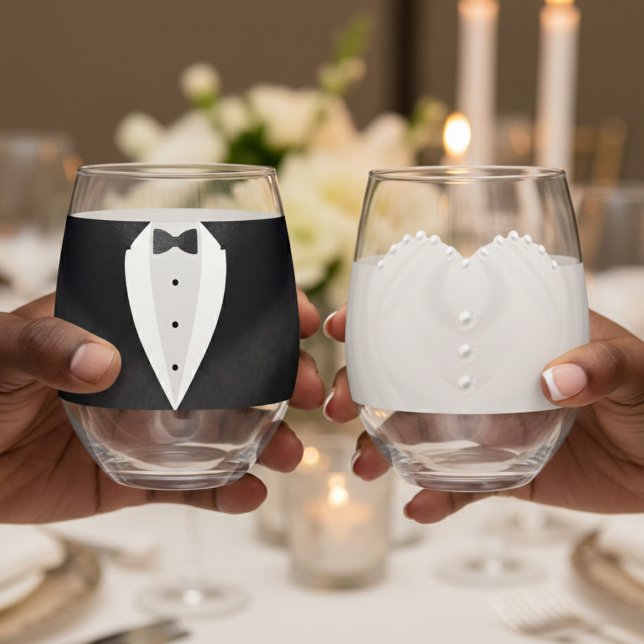 Bride & Groom Suit Wedding Dress Mr. & Mrs Stemless Wine Glass (Bride & Groom Suit Wedding Dress Mr. & Mrs Stemless Wine Glass
)